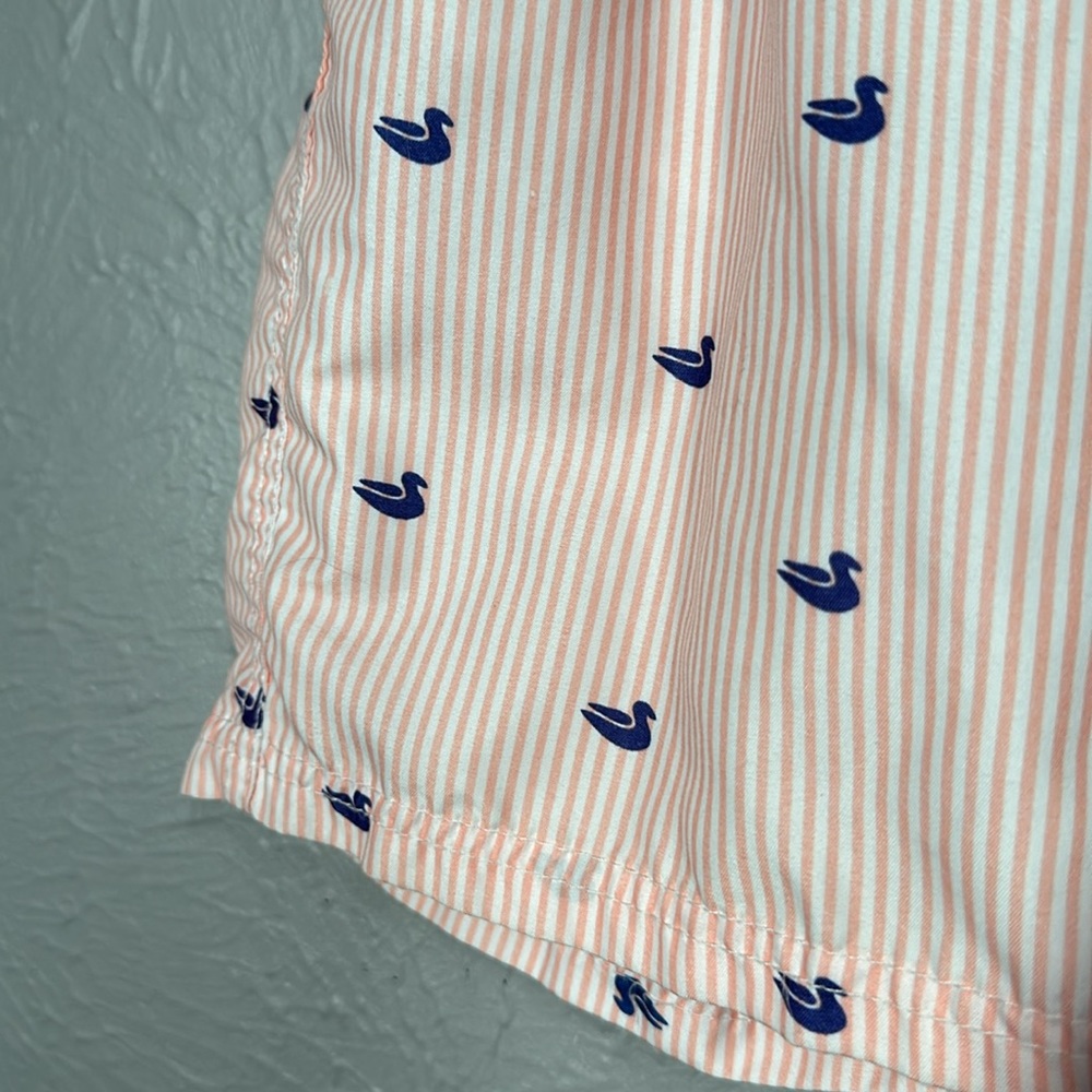Spicy Tuna Pink Coral & White Striped Duck Print Men's Swim Trunks Size … - Picture 3 of 10